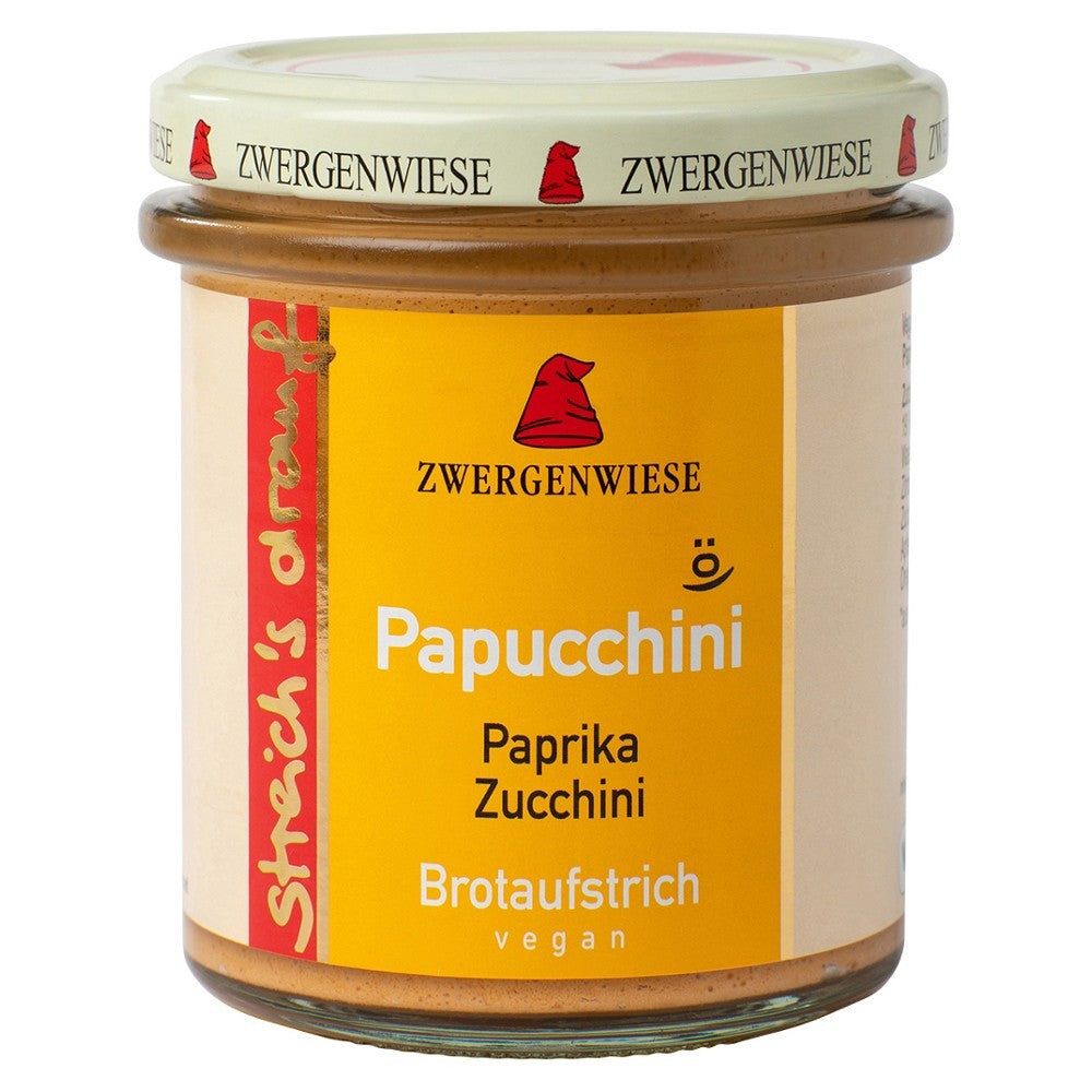 Crema vegetală Papucchini Zwergenwiese, borcan 160g, etichetă galbenă.