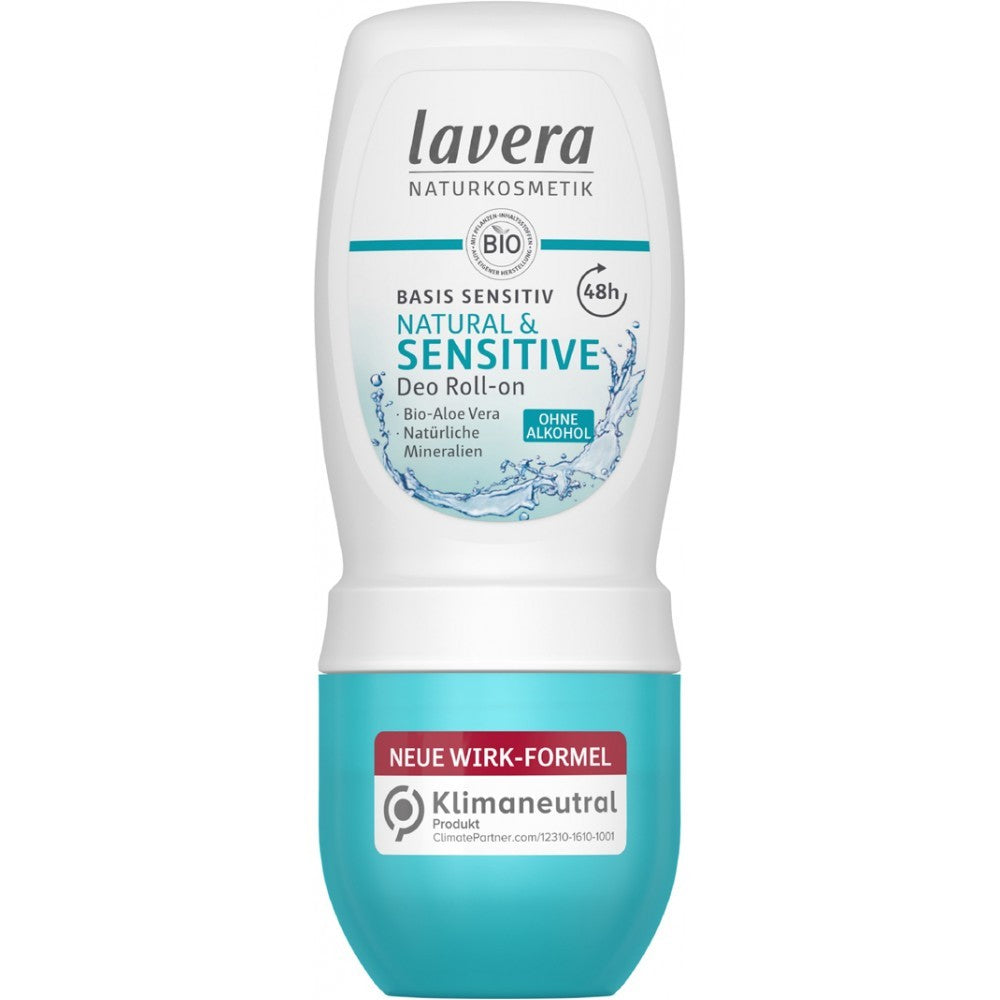 Deo Roll-On Natural și Sensitiv Lavera, alb și turcoaz, aloe vera bio, 50ml pentru piele sensibilă.