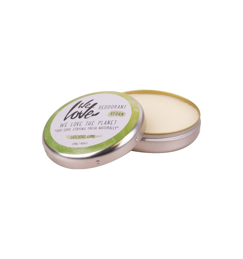 Deodorant crema Luscious Lime 48g We Love the Planet, cutie metalică verde și argintie deschisă, compoziție naturală.