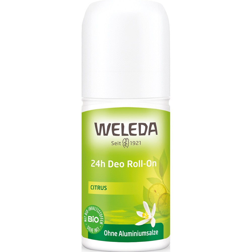 Deodorant Roll-On Weleda 24h cu extract de citrice, flacon alb-verde 50ml, fără aluminiu.