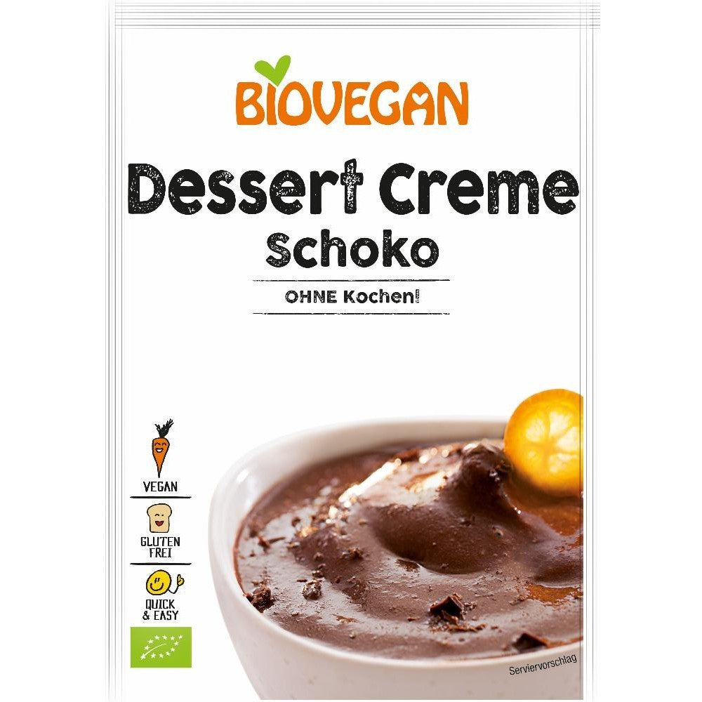 Biovegan Dessert cu cacao fără fierbere, ambalaj alb, cu desert cremos de ciocolată în bol.