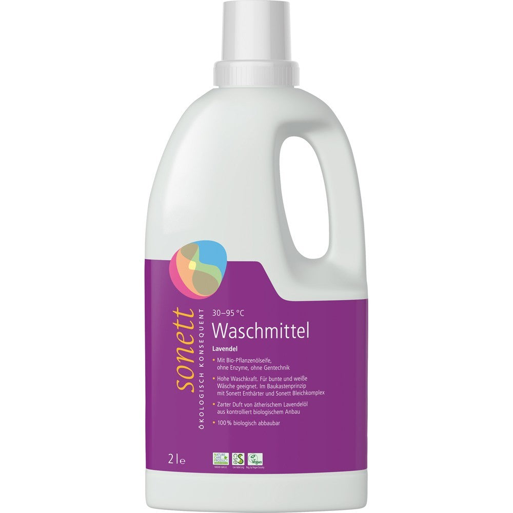 Detergent ecologic universal Sonett cu lavanda 2L, sticlă albă și etichetă mov.