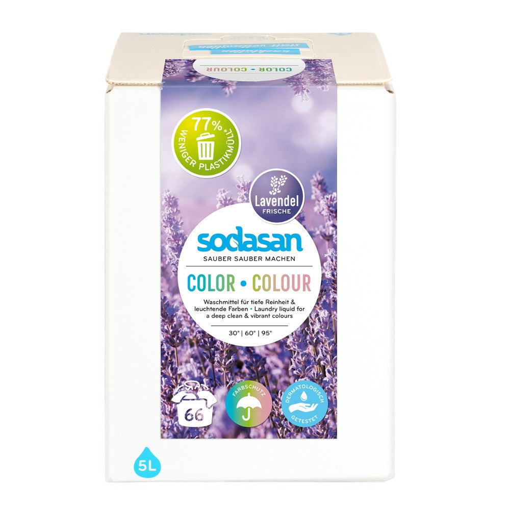Detergent, bio, lichid rufe albe si color lavanda, 5l, sodasan
