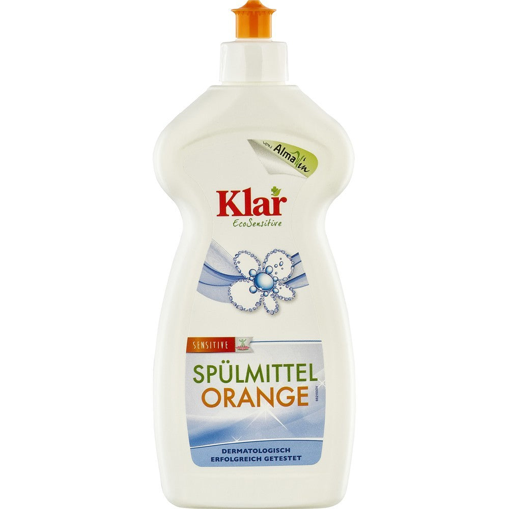 Detergent lichid sensitiv portocale KLAR 500ml, sticlă albă, capac portocaliu