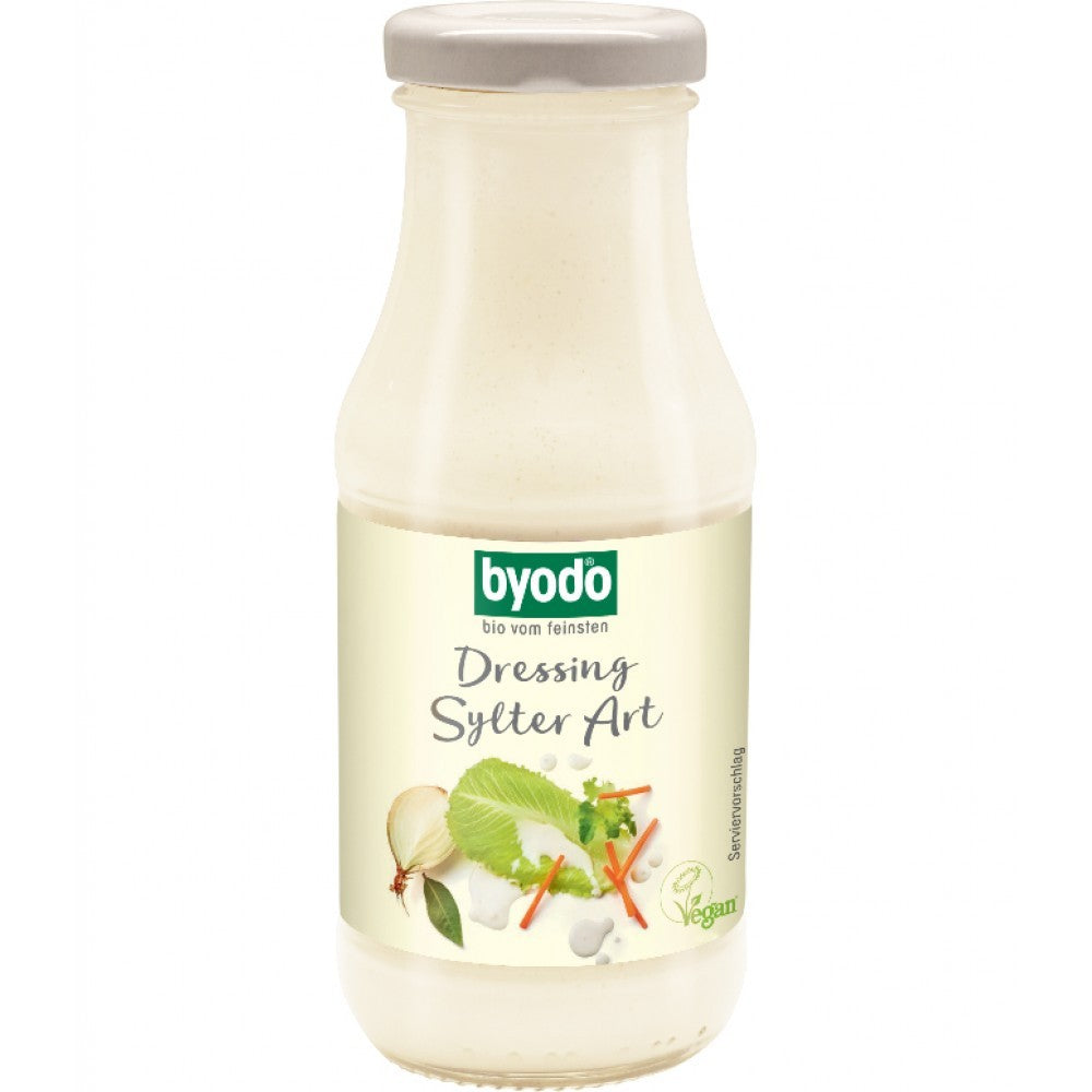 Dressing pentru salate Byodo 245ml, etichetă crem, text verzi, capac gri deschis.