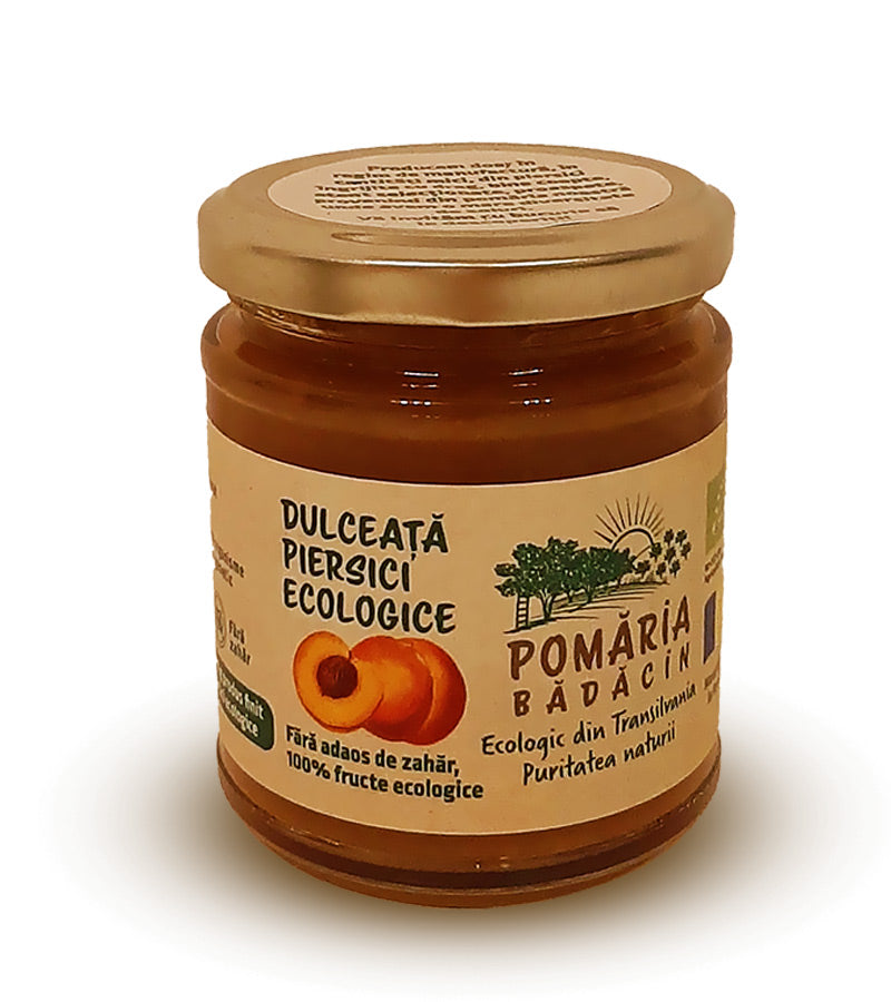 Dulceață piersici bio fără adaos, etichetă ecologică, borcan 190g.