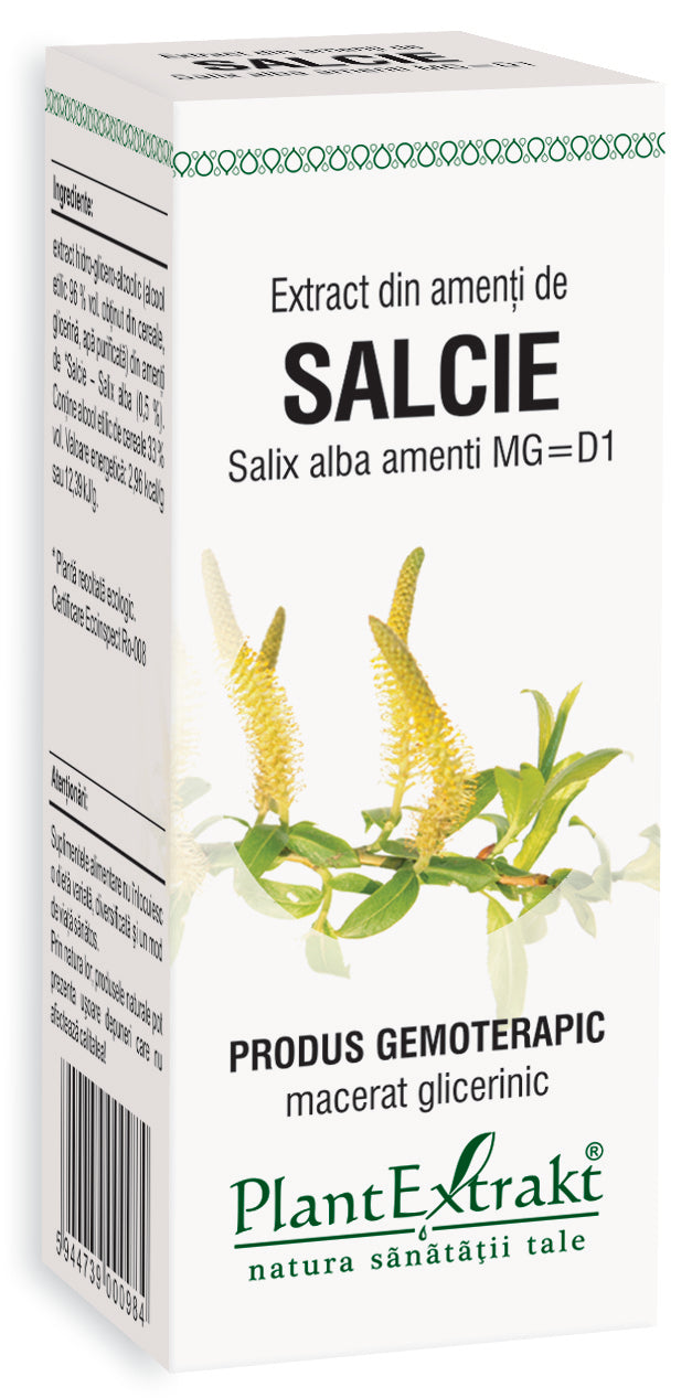 Extract din amenti de salcie, PlantExtrakt, 50 ml, cutie albă cu ilustrații verzi și galbene.