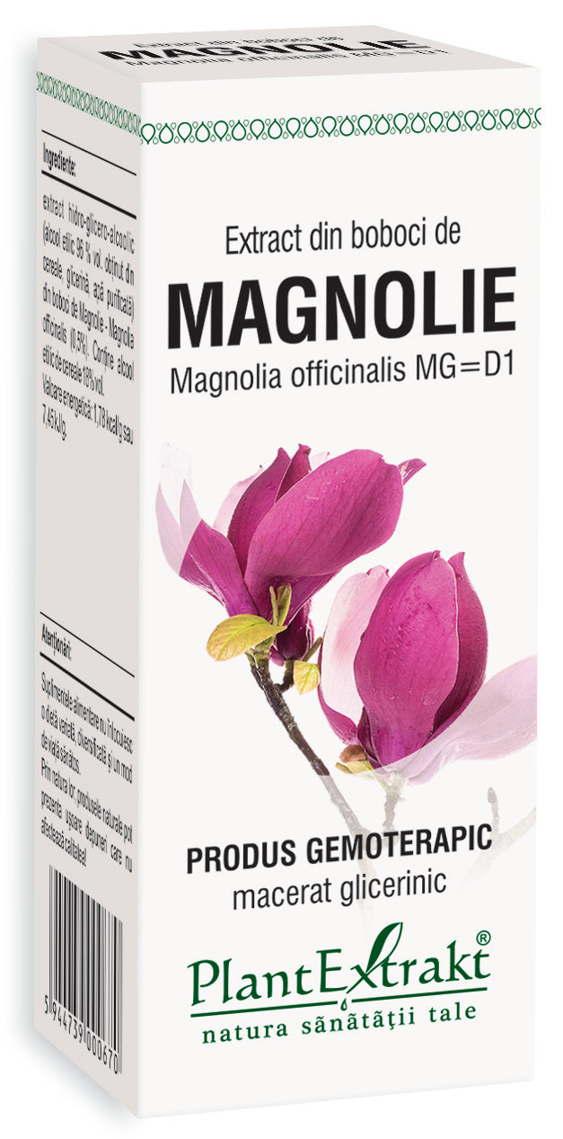 Extract din boboci de magnolie, 50 ml, PlantExtrakt, cutie albă cu flori roz de magnolie.