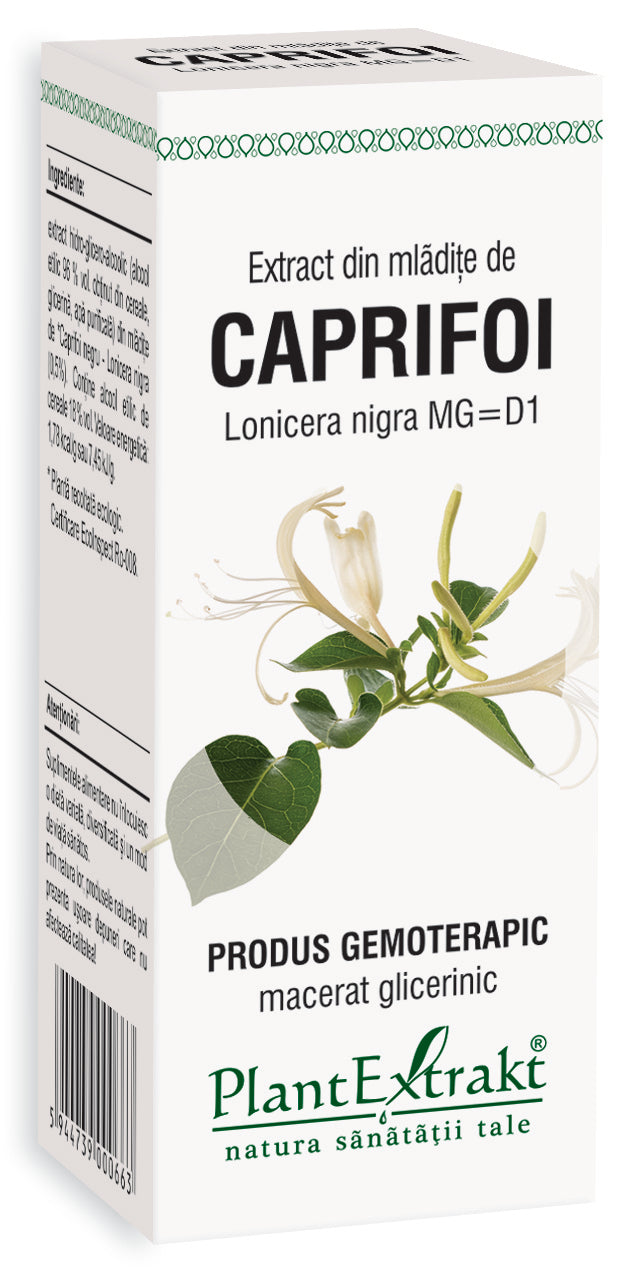 Extract mlădițe caprifoi 50ml, PlantExtrakt, cutie albă, imagine floare caprifoi, text verde și negru.