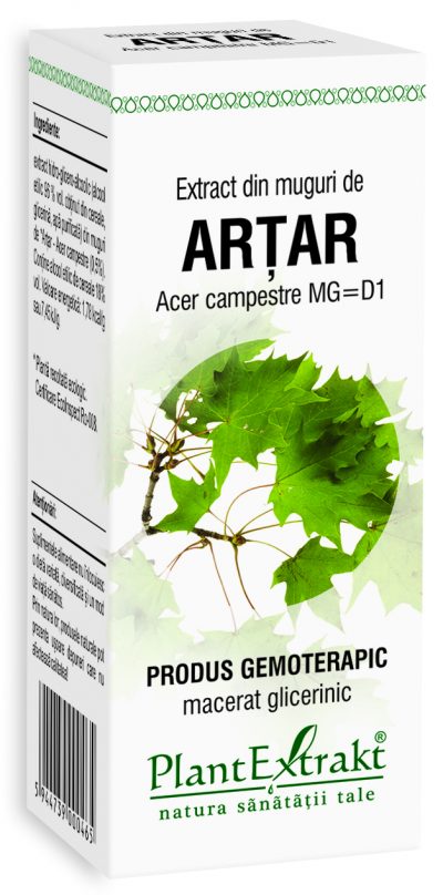 Extract din muguri de arțar, 50 ml, Plantextrakt, cutie albă cu frunze verzi de arțar, produs gemoterapic.