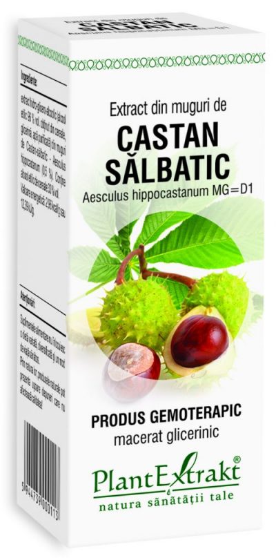 Extract muguri castan sălbatic 50 ml Plantextrakt, cutie albă cu verde, fructe și frunze ilustrative.