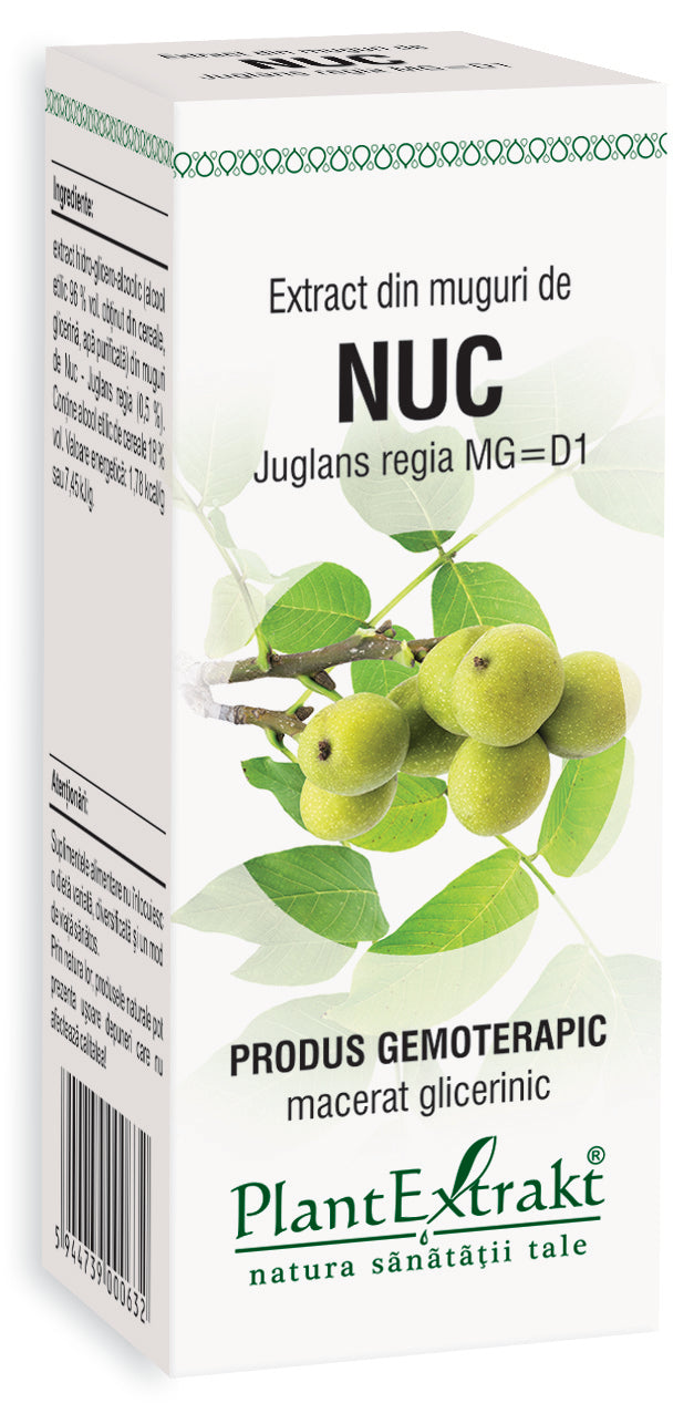 Extract gemoterapic muguri Nuc, 50 ml, Juglans regia, cutie albă, imagine frunze verzi.