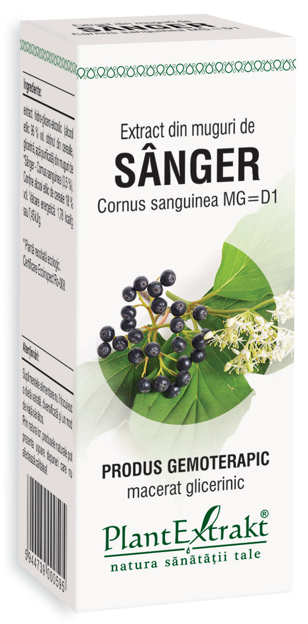 Extract din muguri de sânger, 50 ml, cutie albă-verde, plante și fructe ilustrate.