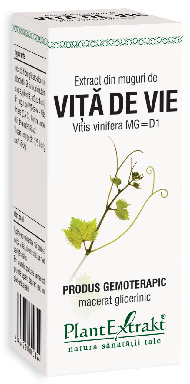 Extract din muguri de viță de vie, 50 ml, Plantextrakt, cutie albă cu detalii verzi.