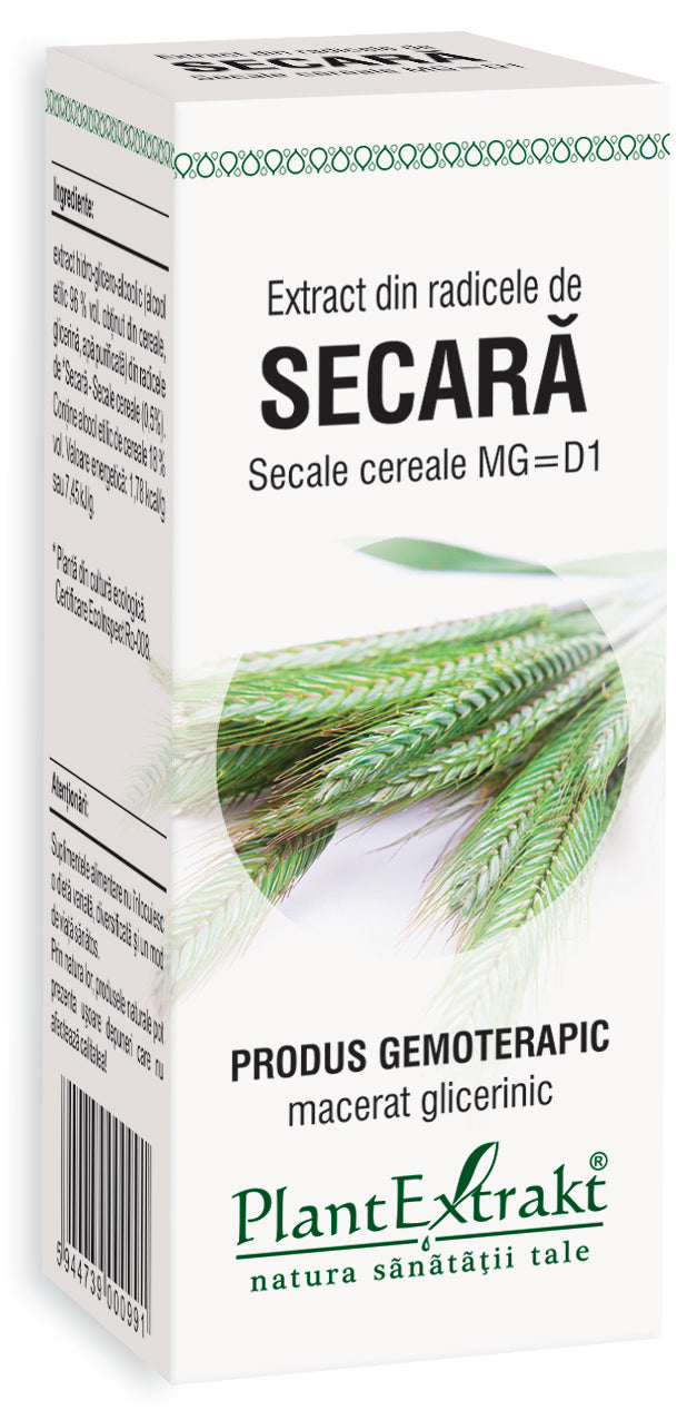 Flacon extract radicele secară, 50 ml, ambalaj alb, decor verde.