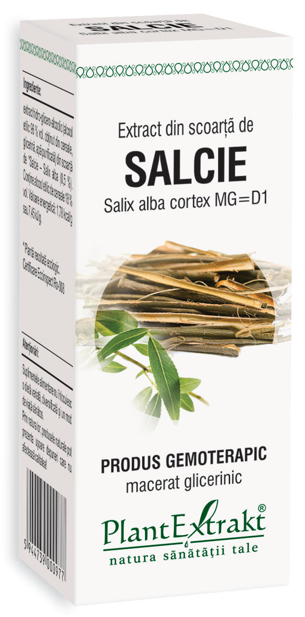 Extract din scoarța de salcie Plantextrakt, 50 ml, cutie albă cu text negru și imagine scoarță.
