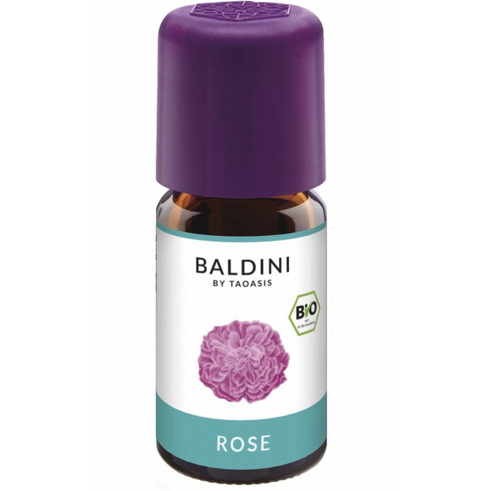 Extract de trandafir bio Baldini 5ml, sticlă maro, capac și etichetă mov, logo Bio.