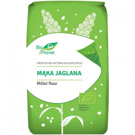 Făină de mei bio Bio Planet 500g, ambalaj verde cu detalii albe, ideală clătite, fursecuri.