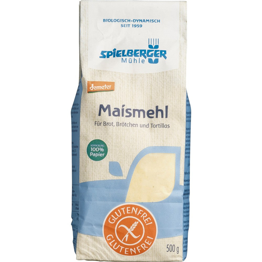 Făină de porumb bio fără gluten Demeter 500g Spielberger în ambalaj albastru și crem.