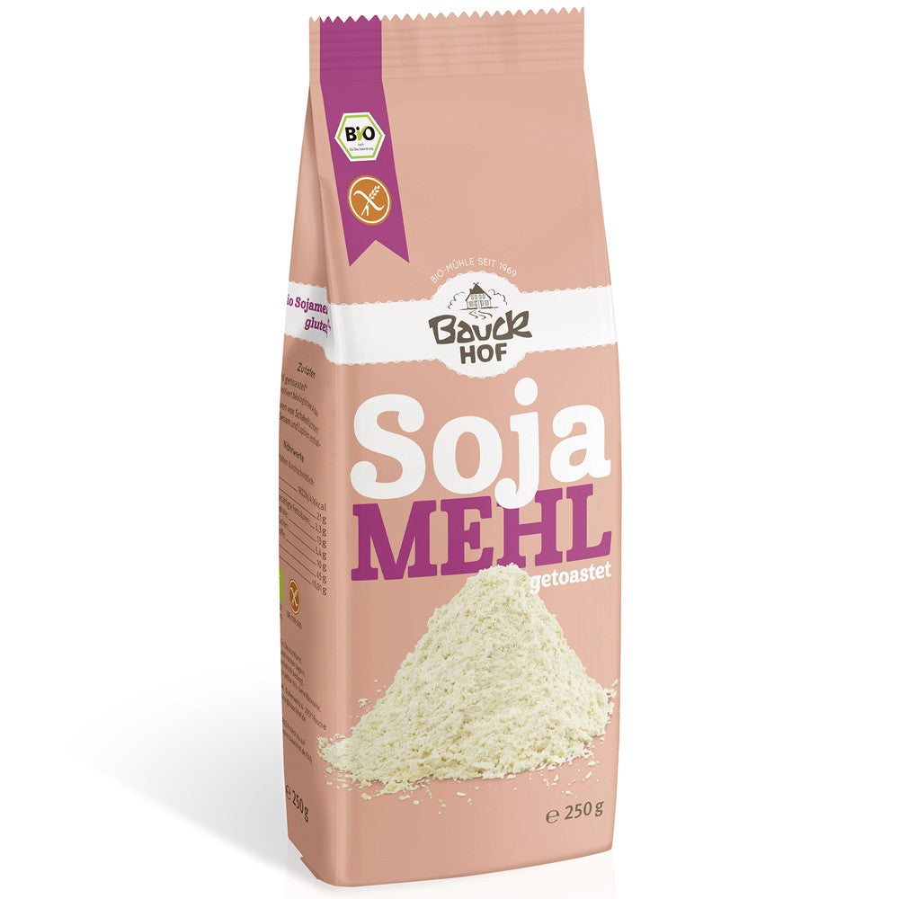 Făină de soia prăjită fără gluten 250g BauckHof, ambalaj maro cu etichete albe și logo.