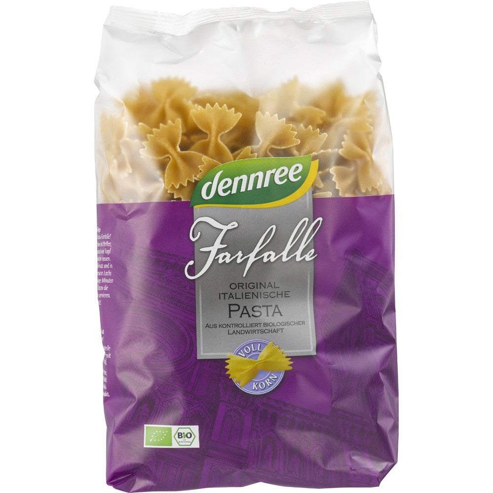 Pachet Farfalle din grâu dur integrale Dennree 500g, bio, fundițe galbene, ambalaj mov.