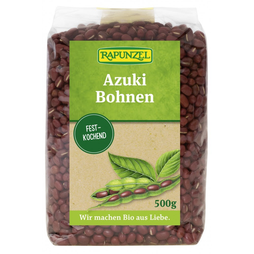 Fasole azuki bio Rapunzel 500g, culoare roșu-maro, ambalaj transparent cu etichetă verde.