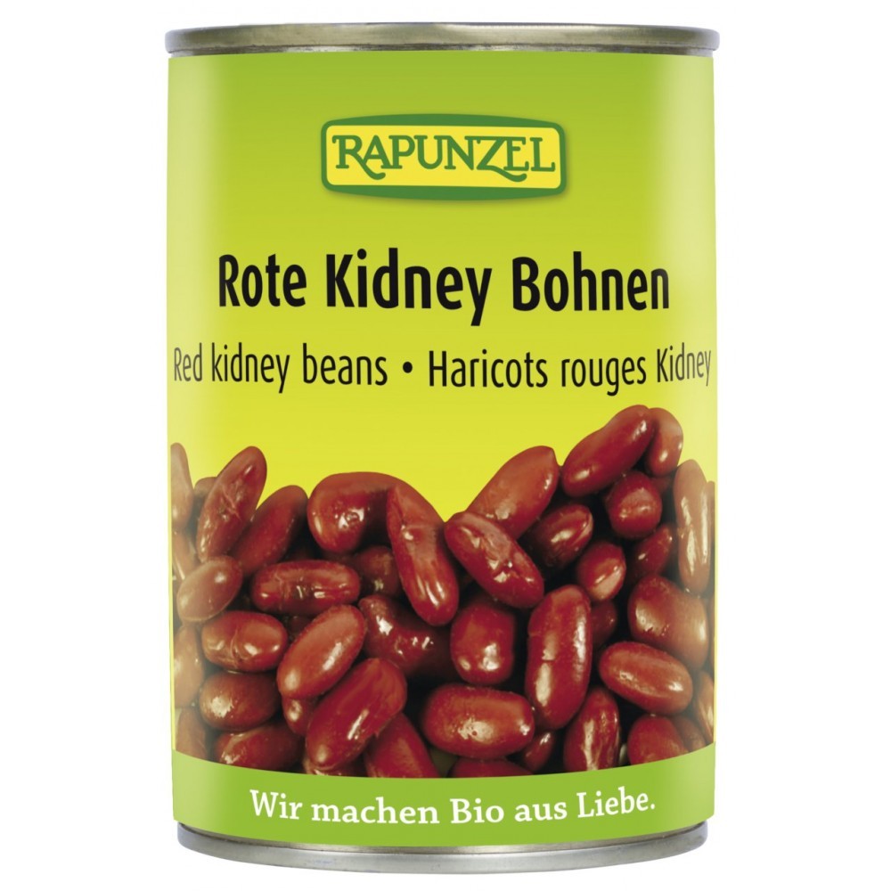 Fasole kidney bio roșie la conservă 400g Rapunzel, etichetă verde, imagine boabe fasole.