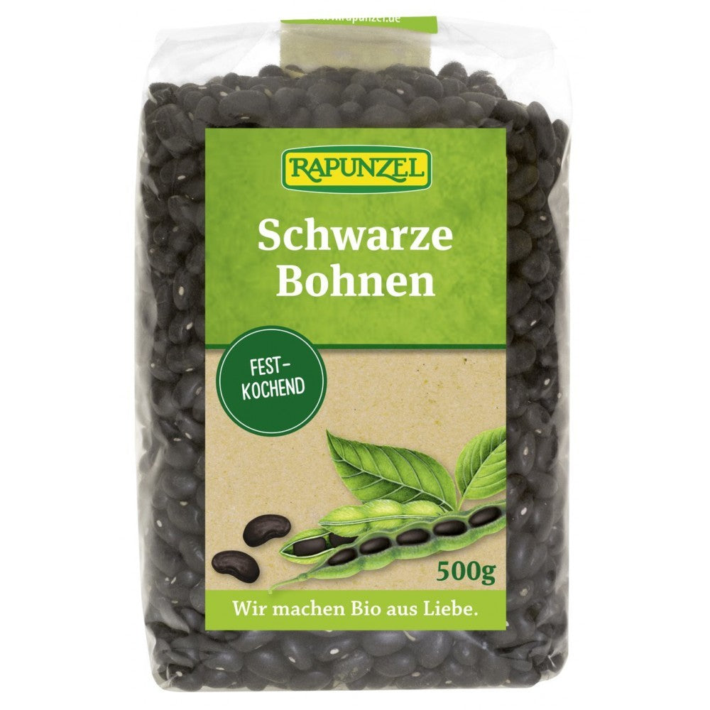 Fasole neagra bio Rapunzel 500g ambalaj transparent cu etichetă verde.