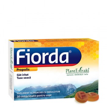 Fiorda Propolis 30 comprimate Plant Extrakt pentru gât iritat, cutie albă cu design albastru și galben.