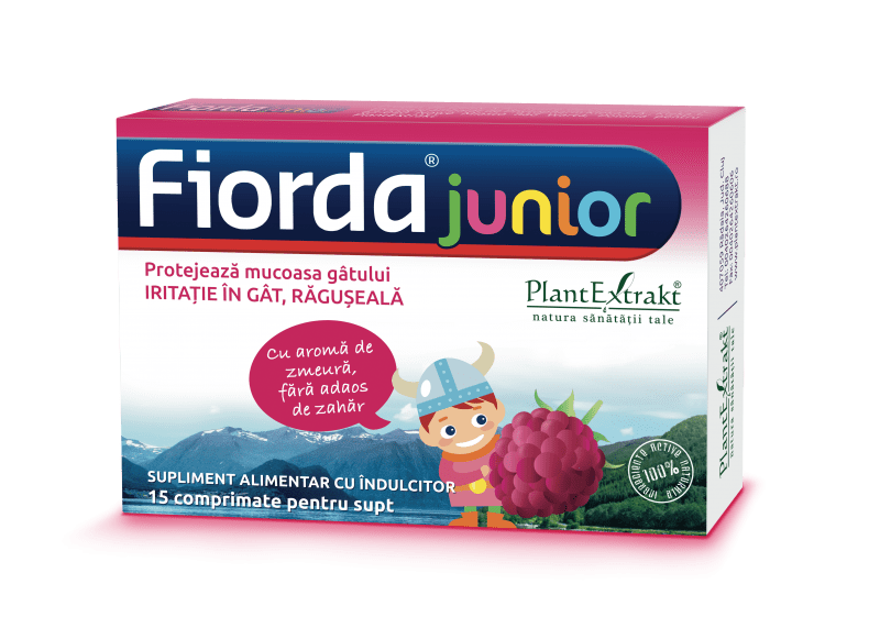 Fiorda junior - comprimate cu aromă de zmeură, cutie colorată pentru copii, 15 comprimate PlantExtrakt.