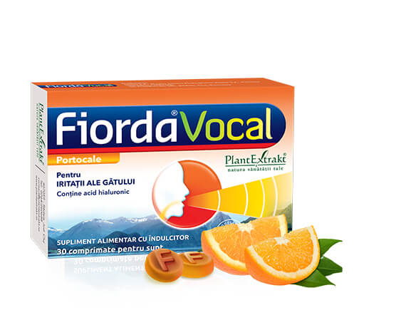 Fiorda Vocal portocale, acid hialuronic, 30 comprimate, cutie albastru-portocalie, felii portocale.