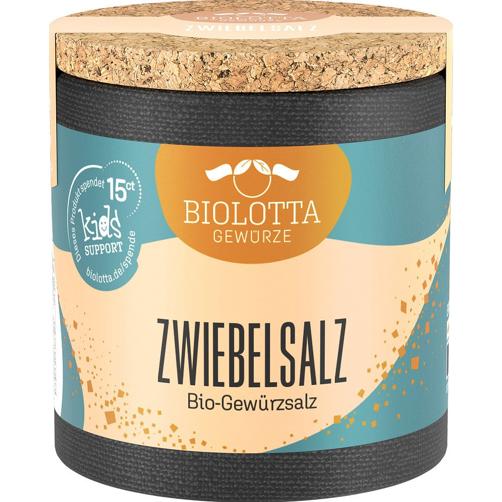 Flori de sare BioLotta cu ceapă, ambalaj eco, capac plută, etichetă colorată.