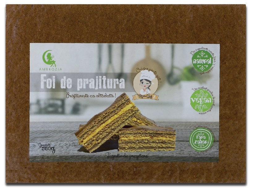 Foi de prăjitură vegane, fără zahăr, ambalaj maro, etichete verzi, 550g Ambrozia.