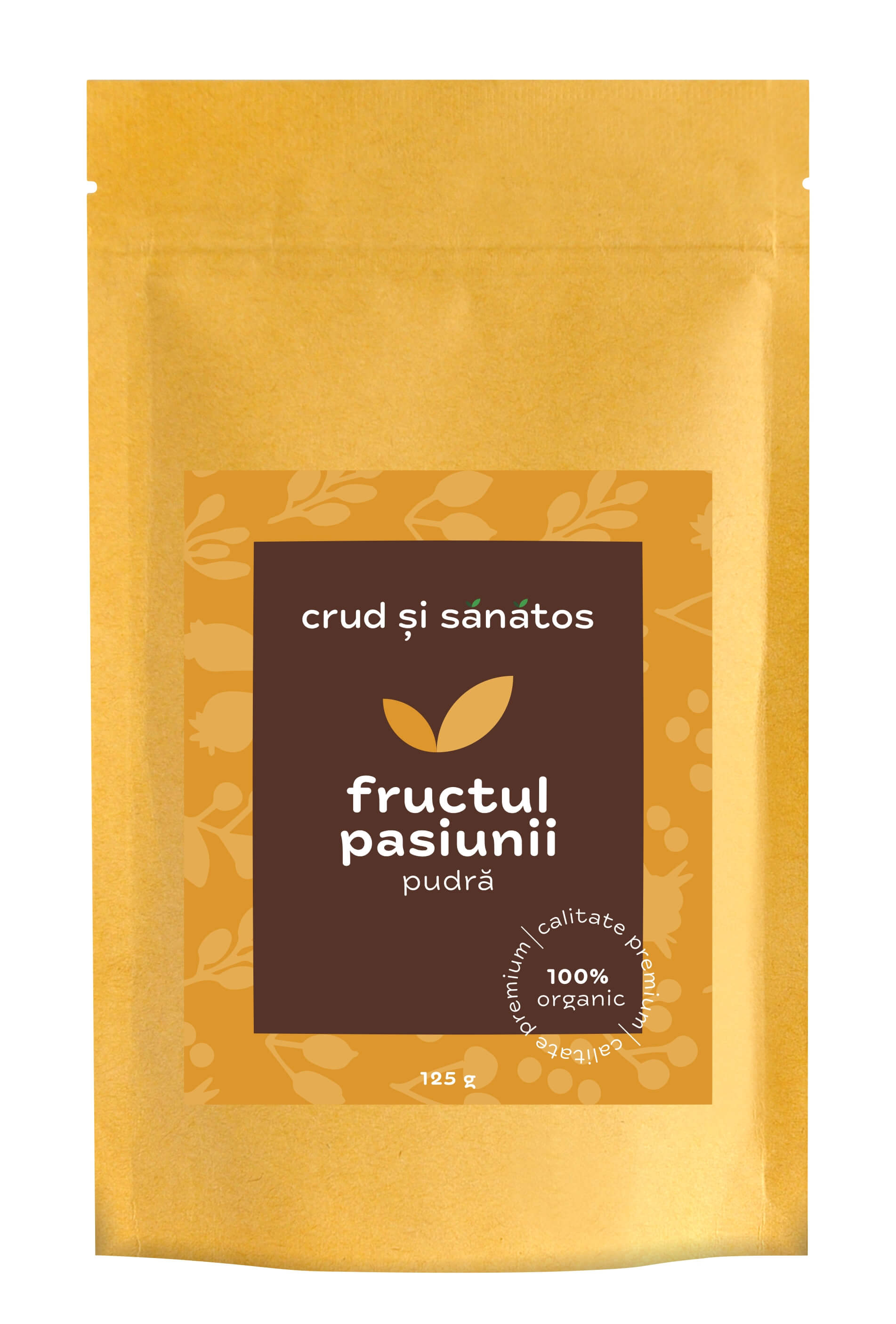 Pudră fructul pasiunii, pachet auriu, 125g, etichetă maro, organic.