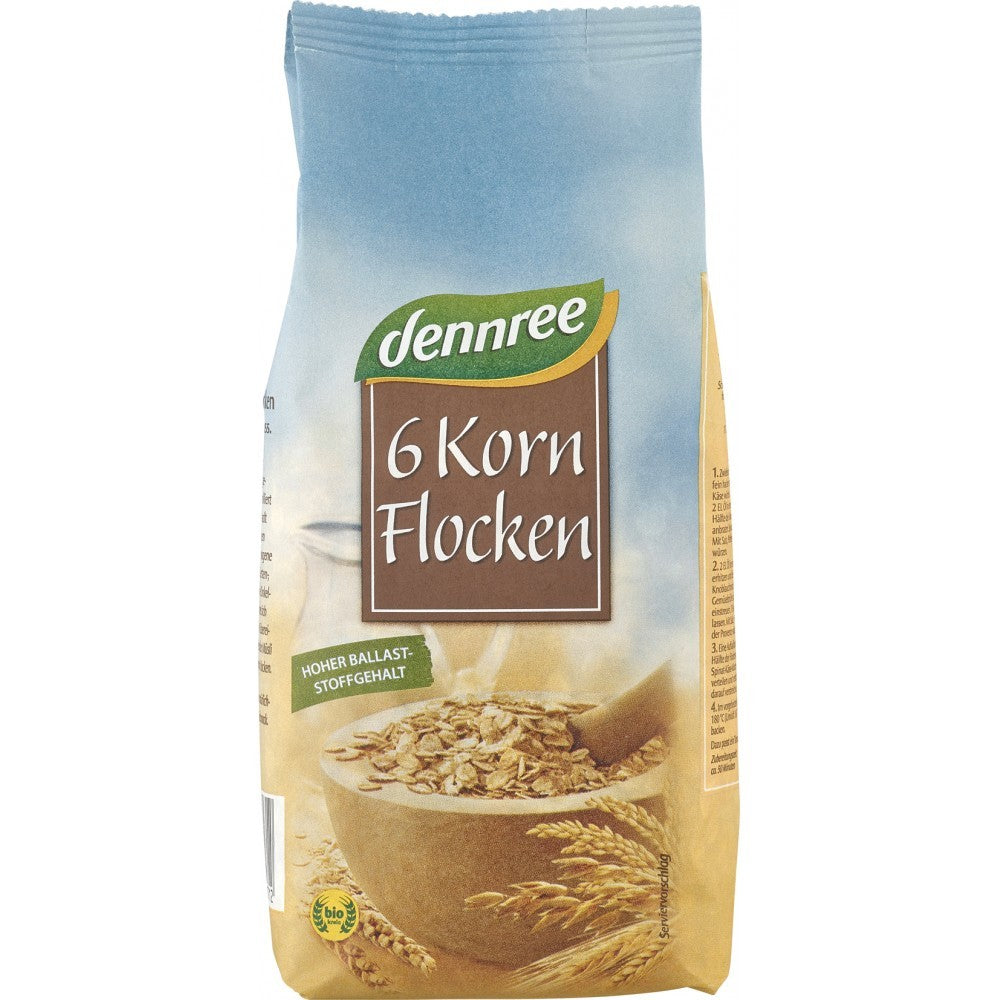 Fulgi din 6 cereale bio Dennree 500g, ambalaj maro cu detalii ecologice.