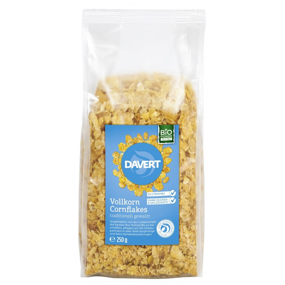 Fulgi integrali de porumb bio fără gluten Davert 250g în ambalaj transparent.