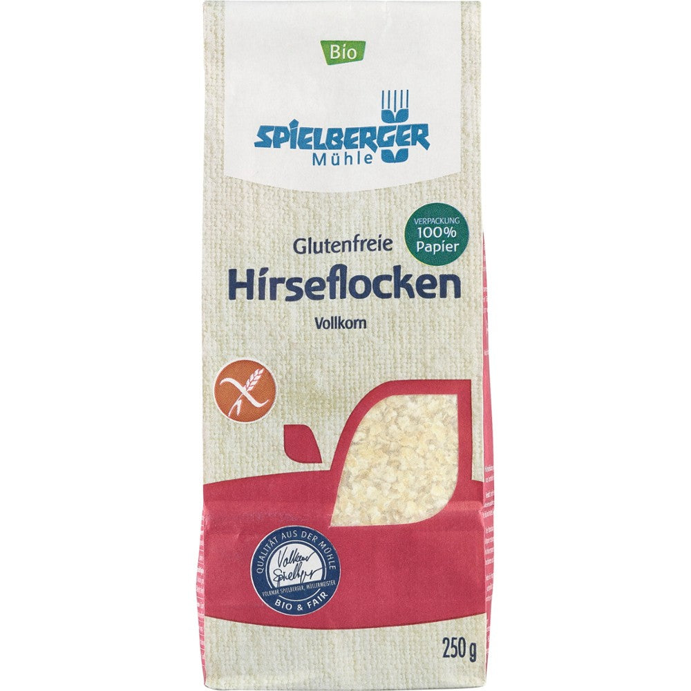 Fulgi mei bio integrali fără gluten 250g Spielberger, ambalaj hârtie, culori alb și roșu.