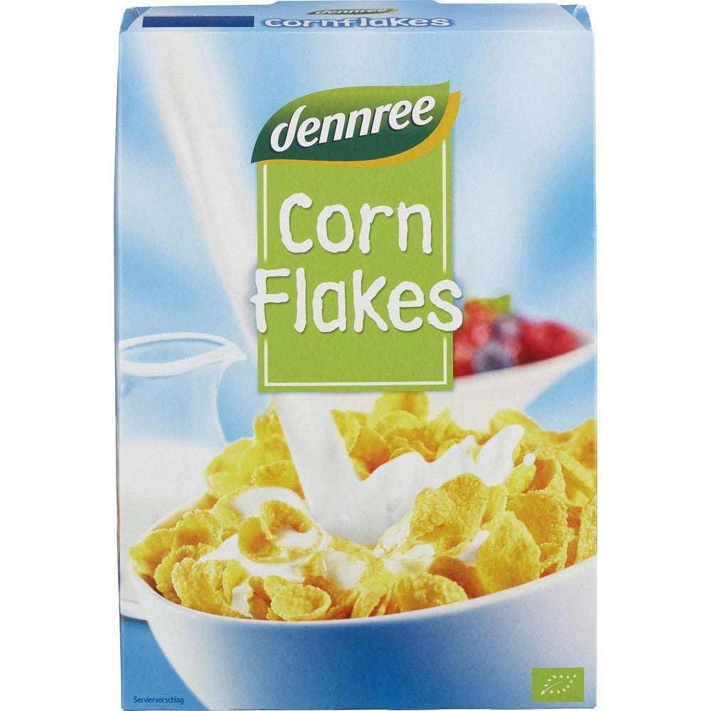 Fulgi de porumb ecologic 375g Dennree, ambalaj colorat cu bol de fulgi crocanți și fructe.