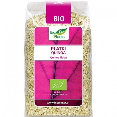 Fulgi de Quinoa Bio Planet 300g, ambalaj transparent, fundal roz, siglă verde Bio.