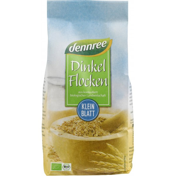 Pachet Dennree Dinkel Flocken bio 500g, design albastru-verde, cereale spelta.