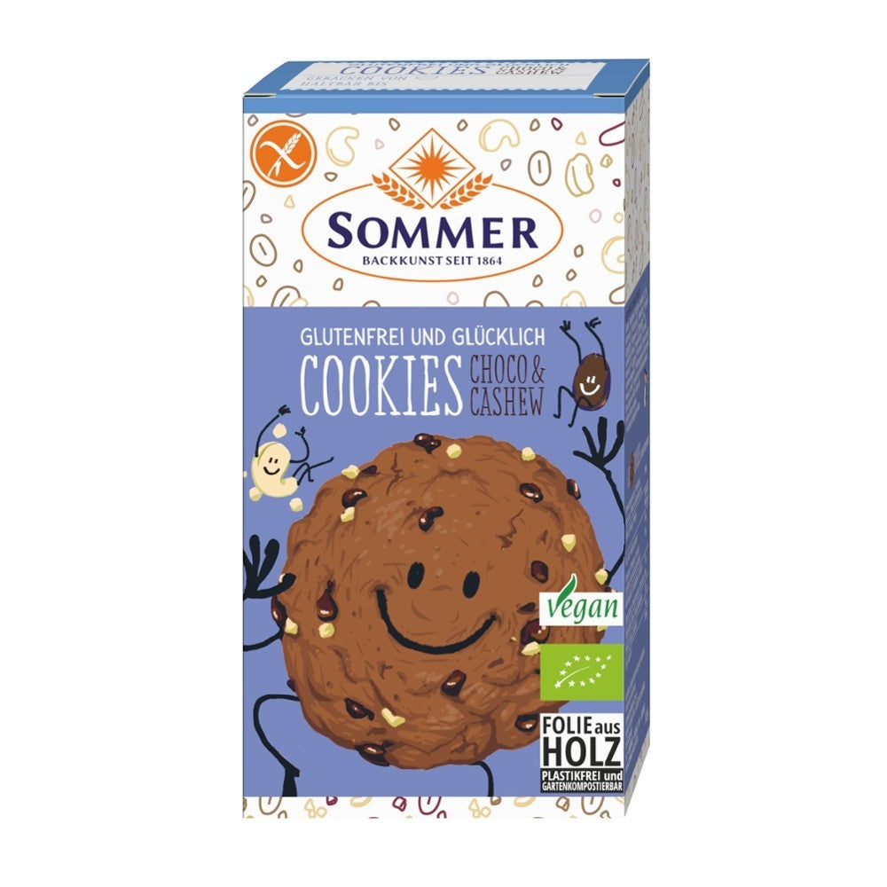 Fursecuri bio cu ciocolata si caju fara gluten, 125g, sommer-coBiscuiti fara gluten cu ciocolata si caju, bio, 125g, sommer