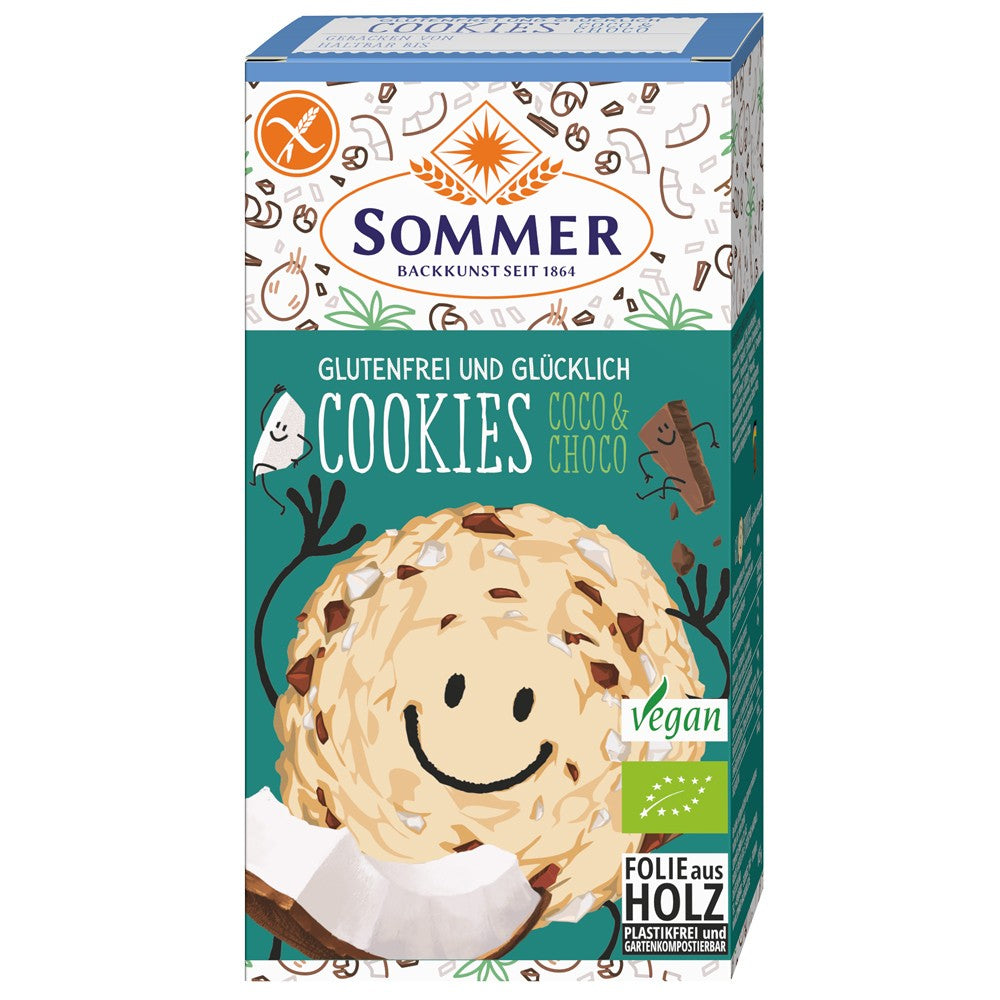 Cutie fursecuri vegane cu cocos și ciocolată fără gluten, ilustrație amuzantă, design atractiv.