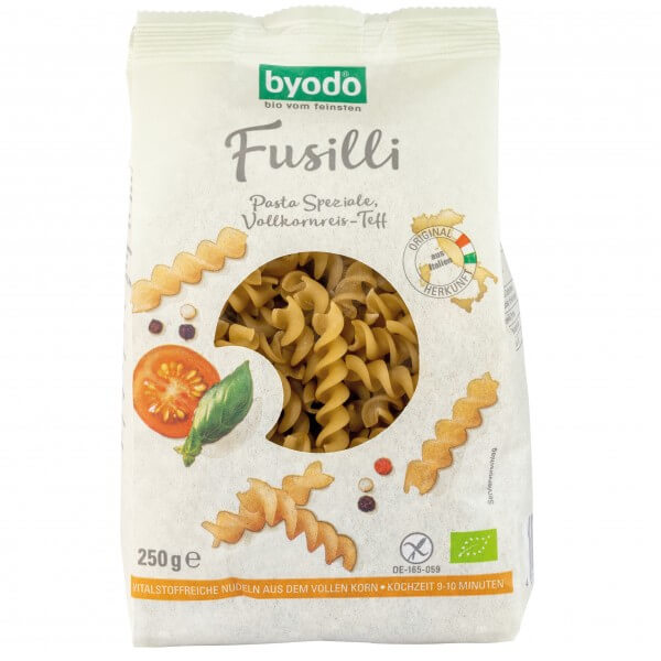 Fusilli din orez integral și teff Byodo, 250g, paste spiralate fără gluten.