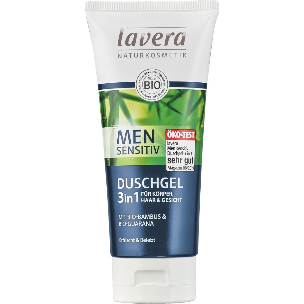 Gel de duș 3 în 1 pentru bărbați Lavera, formulă cu bambus și guarana organică, ambalaj verde și albastru.