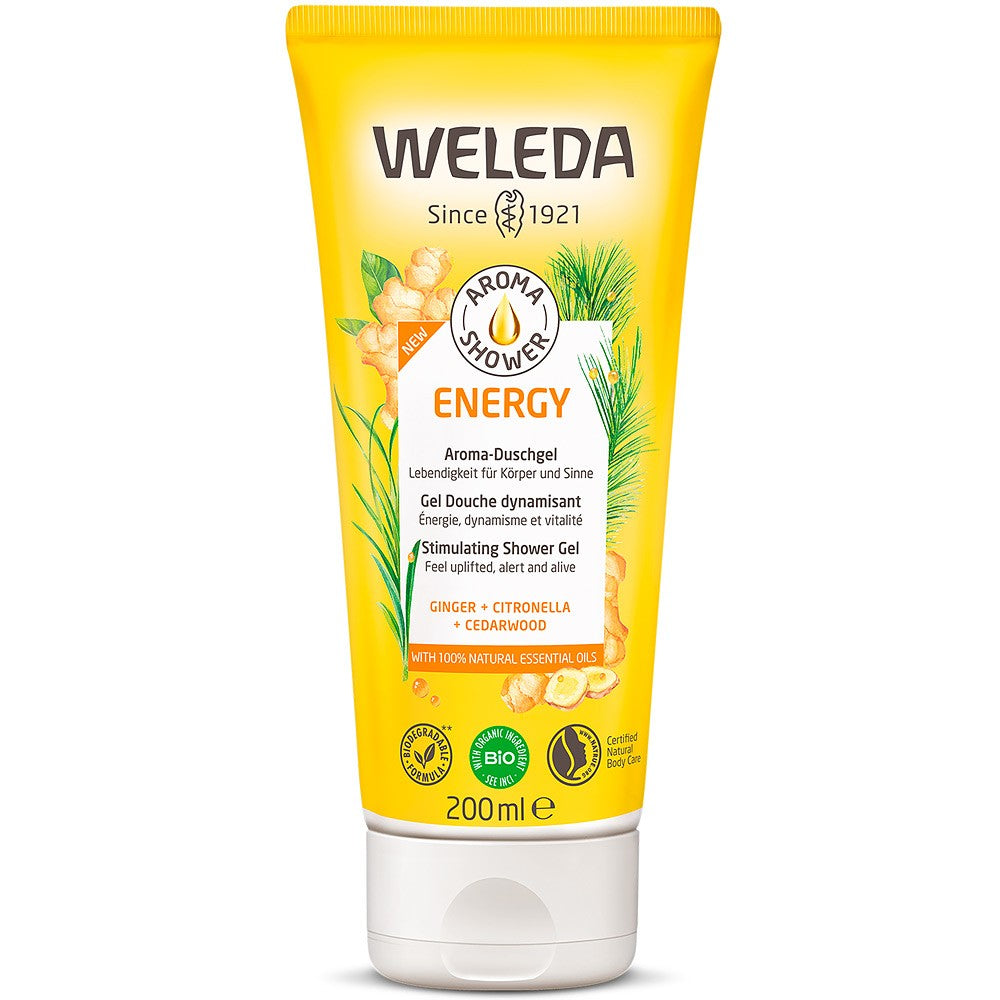 Gel de duș Weleda Energy 200ml, ambalaj galben, ingrediente ghimbir și lemongrass.