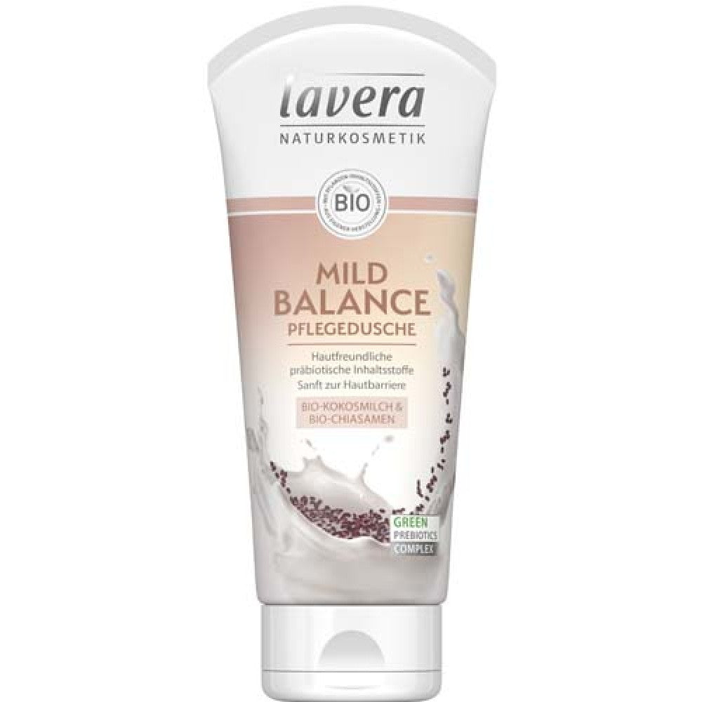 Gel de duș Lavera Mild Balance, 200ml, cu ingrediente vegane și prebiotice, design alb și bej.