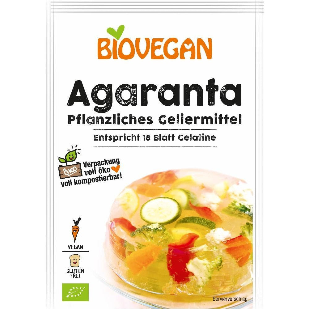 Gelatina bio pentru legume Biovegan 18g, ambalaj eco, agent gelifiant vegetal, imagine aspic colorat.
