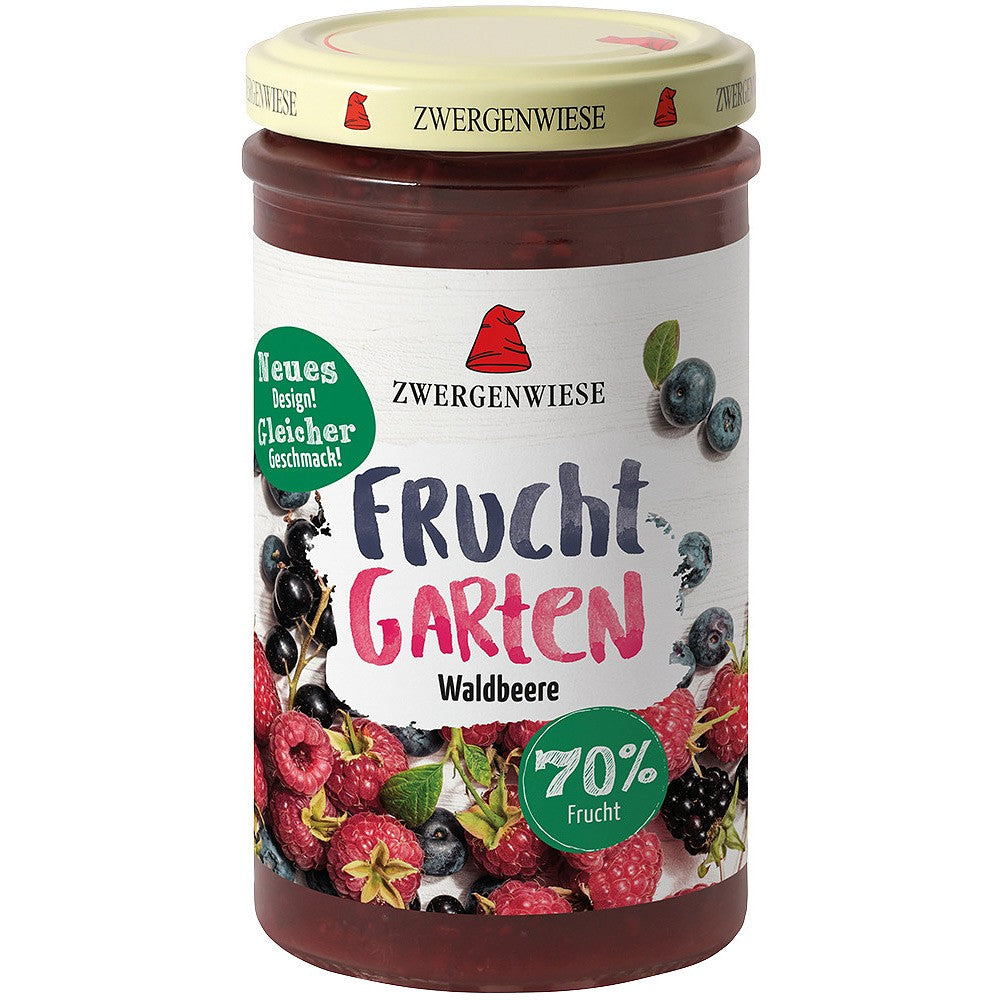 Gem bio de fructe de pădure Zwergenwiese, borcan etichetat, 70% fructe, îndulcit cu nectar de agave, 225g.