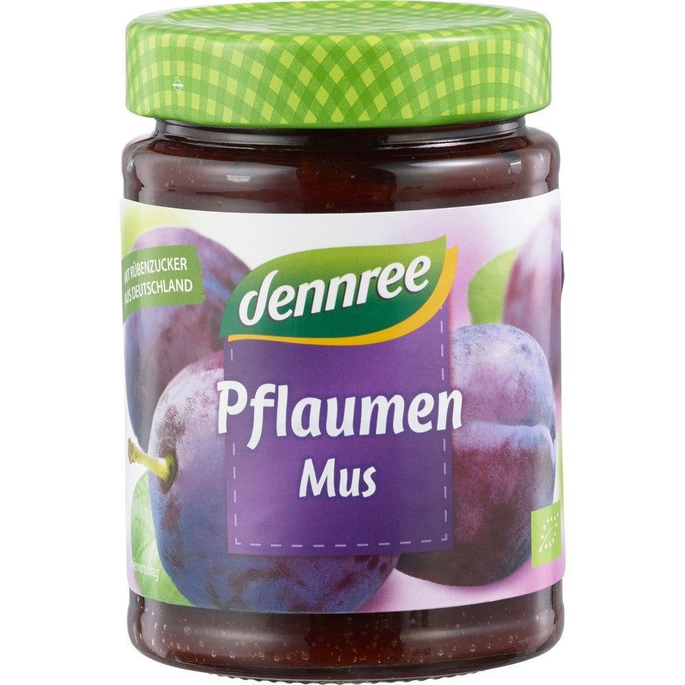 Gem de prune Dennree 340g, capac verde, etichetă mov cu prune, ambalaj de sticlă.