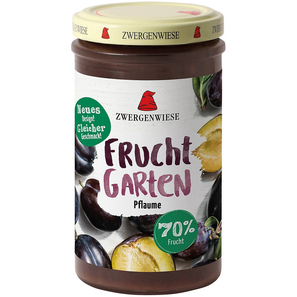 Gem bio Zwergenwiese de prune, 225g, etichetă crem, design modern, conținut 70% fruct.